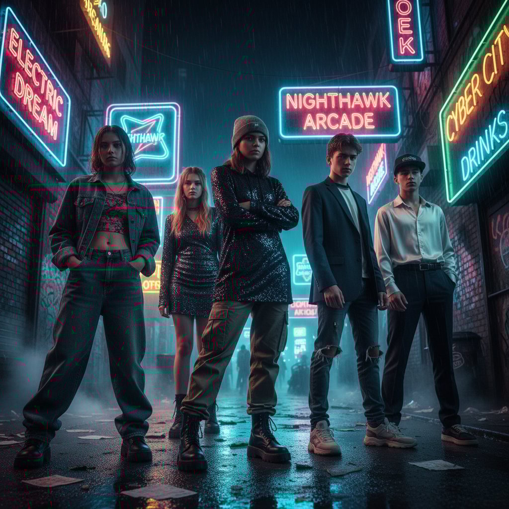 Gritty urban setting, two teens in swapped clothing, neon lights, tension in their body language, cinematic depth