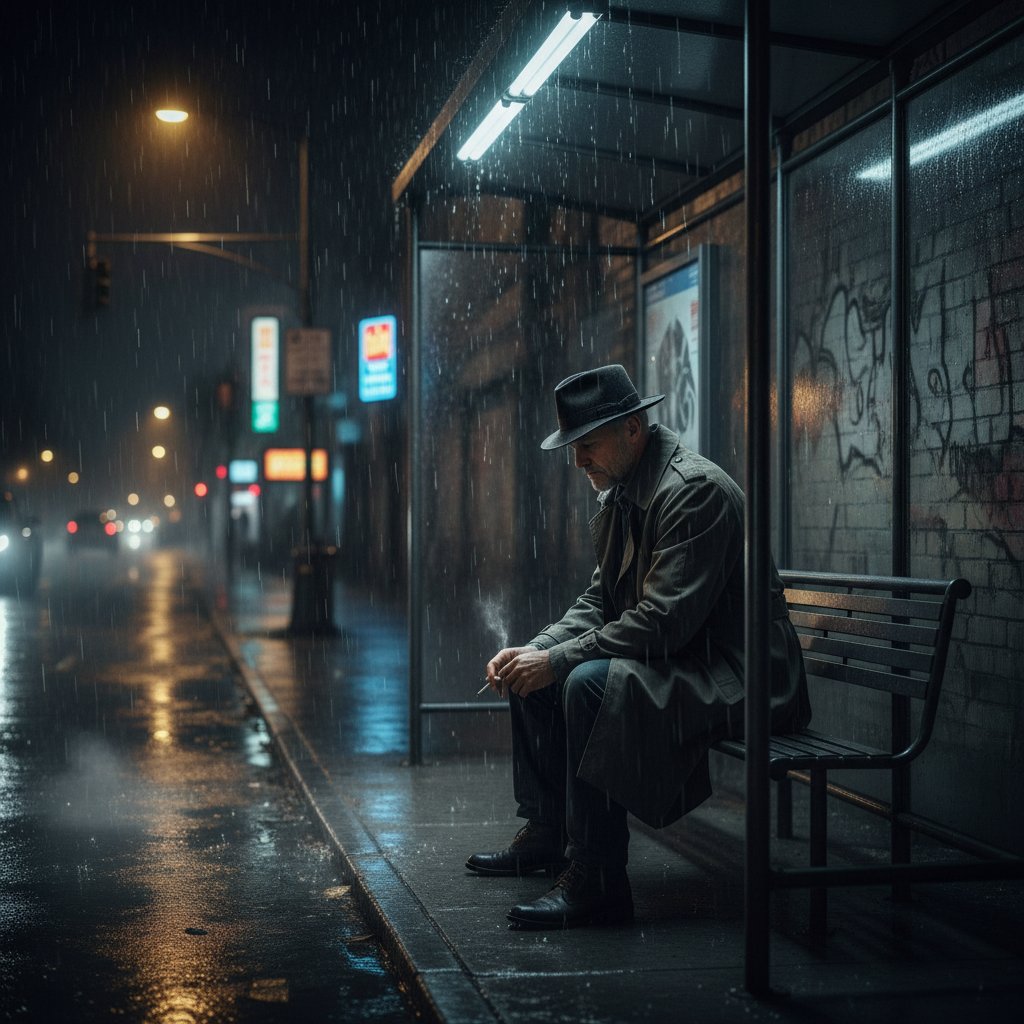 Mężczyzna samotnie czeka nocą na przystanku autobusowym, deszczowe ulice