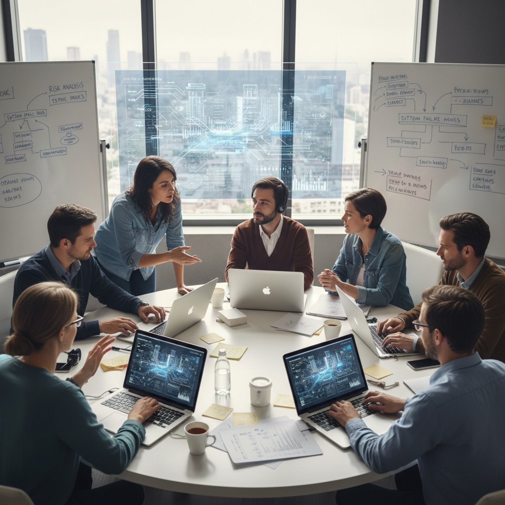 Grupa ludzi pracująca wspólnie przy laptopach – burza mózgów nad symulacjami scenariuszy