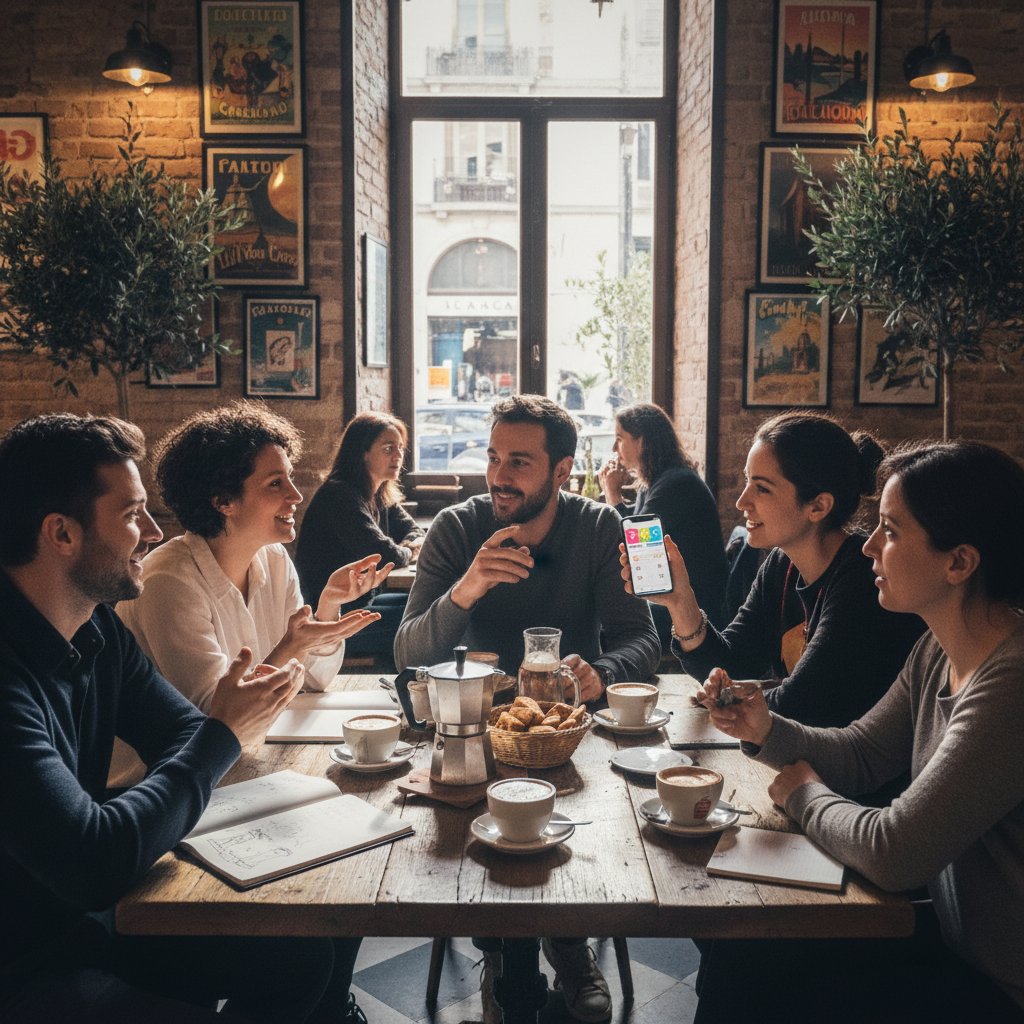 Grupa młodych osób rozmawia po włosku w kawiarni, w tle notatki i smartfony z aplikacjami językowymi