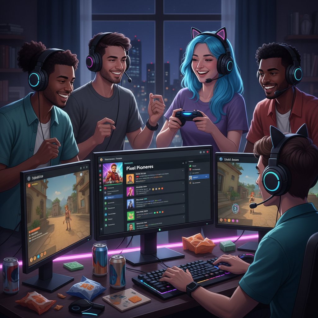 Grupa młodych ludzi przy komputerach, Discord na ekranach, wspólna zabawa, keywords: ekipa, znajomości online, gry komputerowe