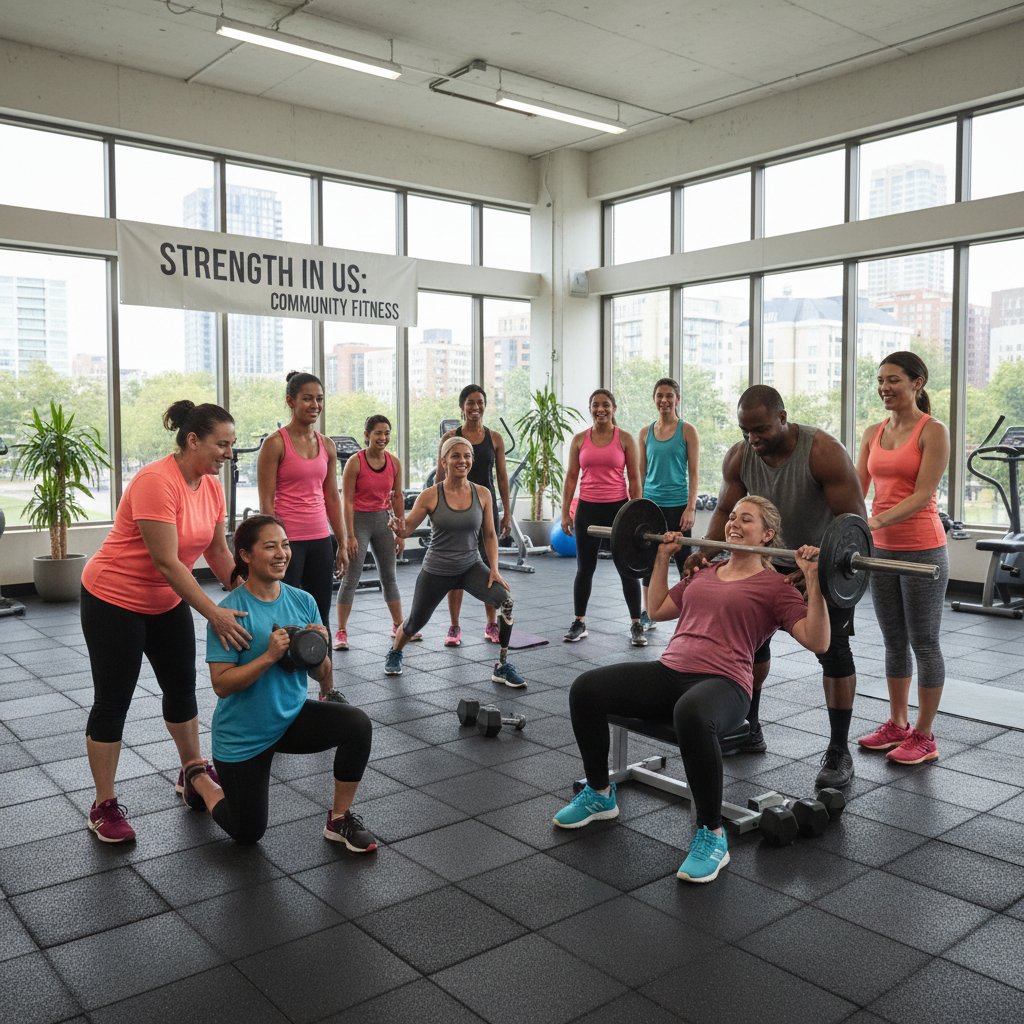 Grupa osób o różnorodnych sylwetkach trenuje razem, atmosfera wsparcia