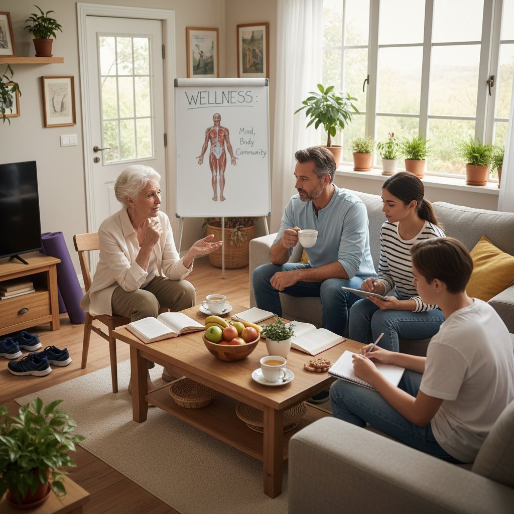 Grupa ludzi starszych i młodszych dyskutująca o zdrowym stylu życia