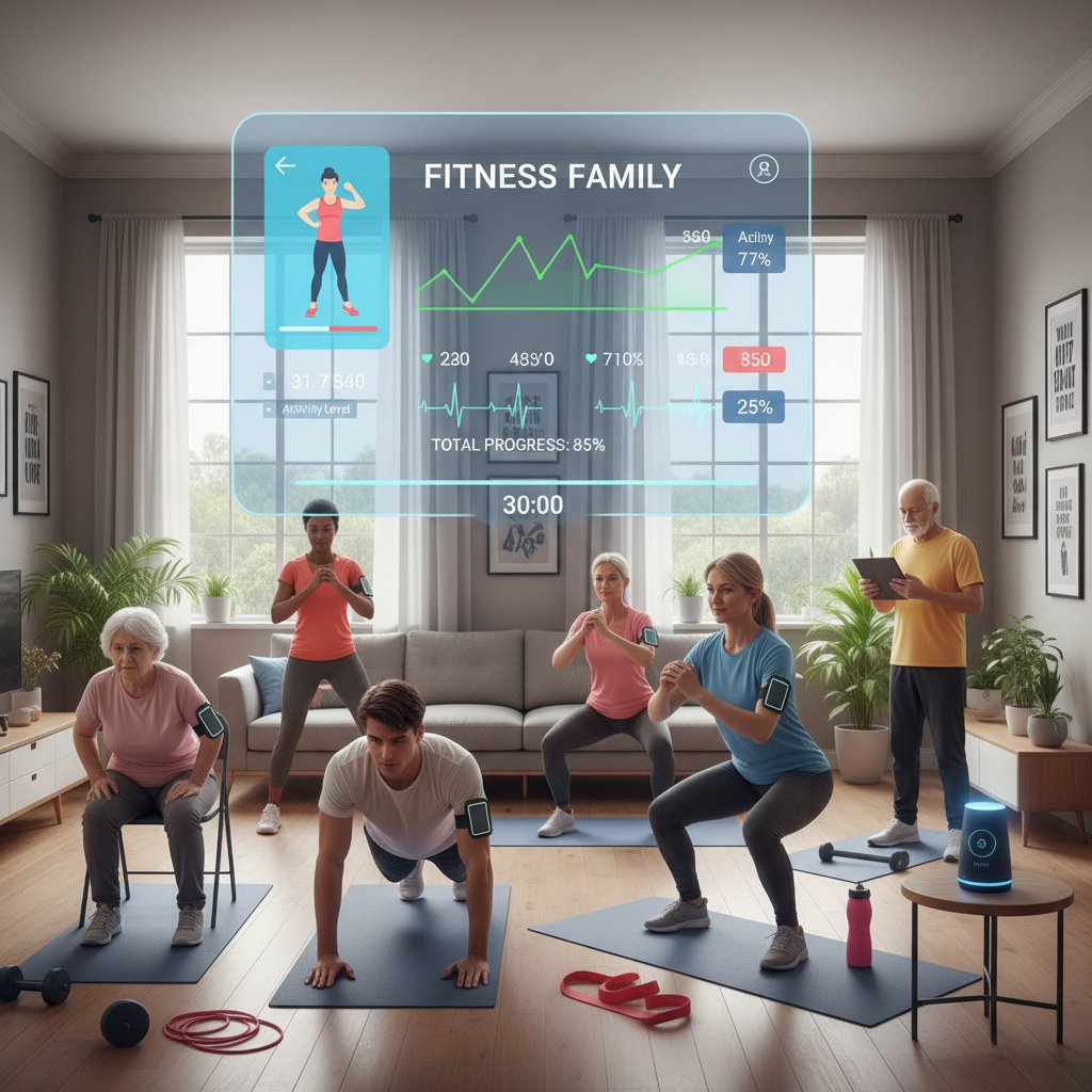Grupa osób ćwiczących w domu z aplikacją mobilną, ekrany z danymi, różne pokolenia