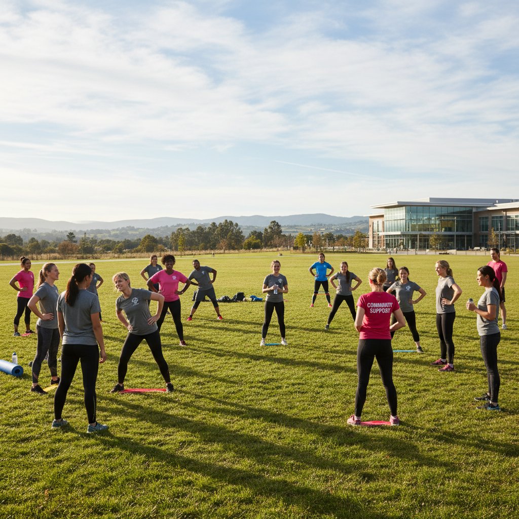 Grupa osób trenujących razem w parku, pozytywna atmosfera i wsparcie