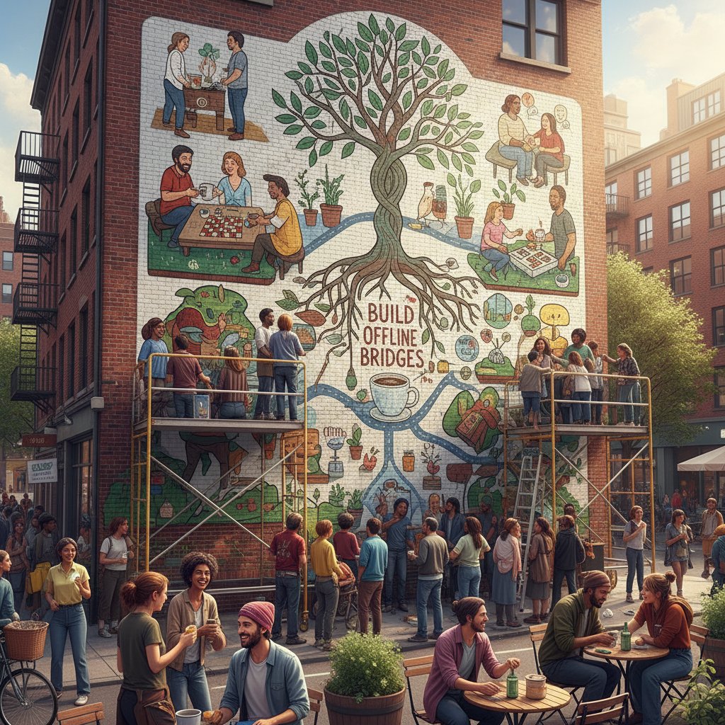 Grupa ludzi malująca wspólnie mural w mieście, budowanie relacji offline