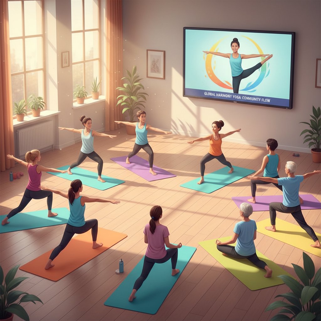 Grupa osób w różnym wieku praktykująca jogę online, kolorowe maty, poczucie wspólnoty