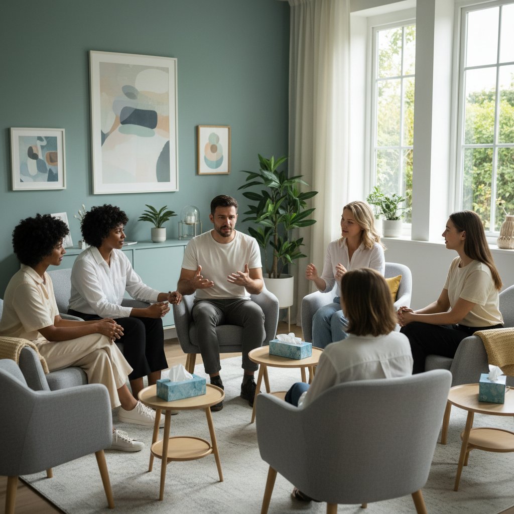 Grupa osób rozmawiających w przyjaznej atmosferze, symbolizująca wsparcie społeczności psychoterapeuta.ai
