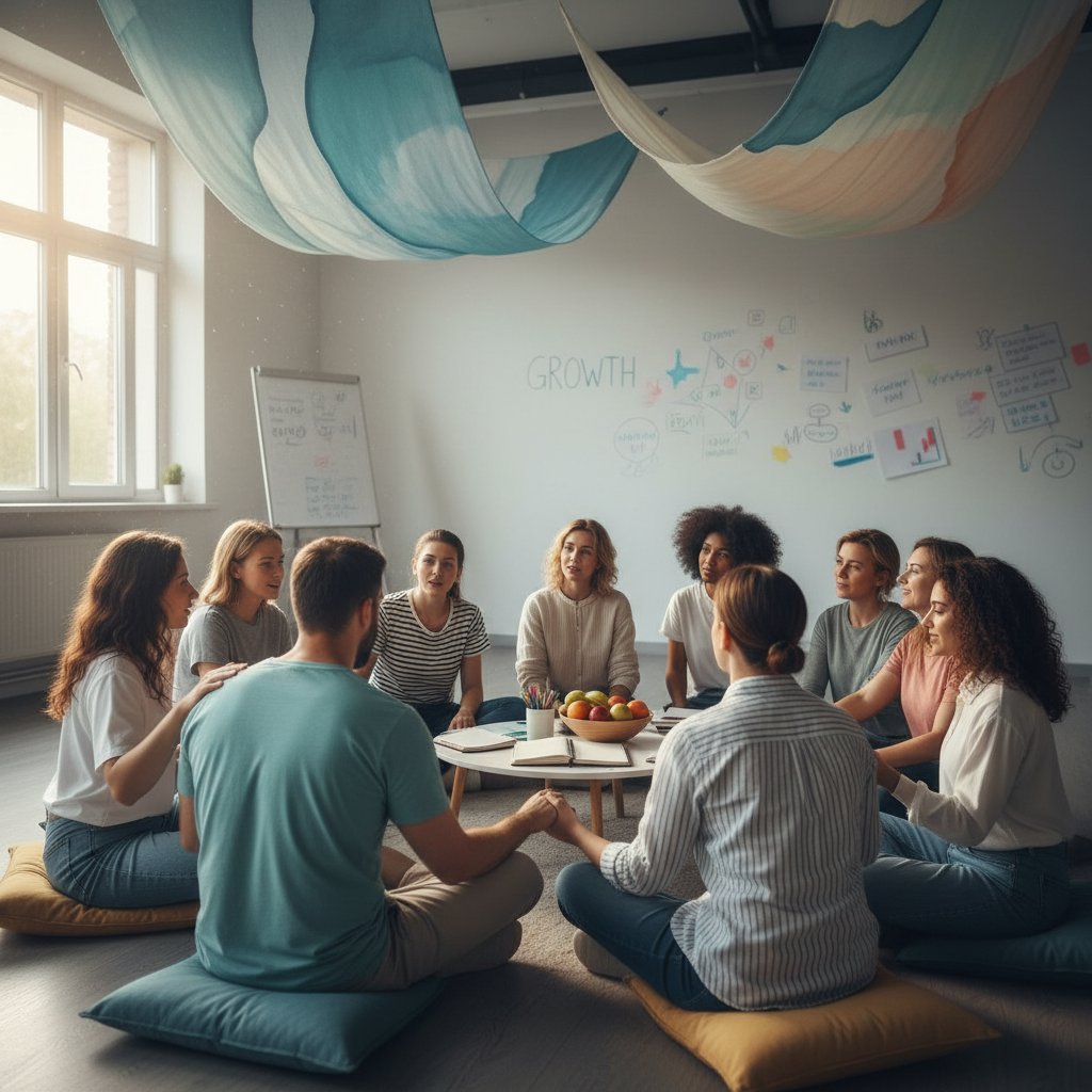 Grupa ludzi na warsztatach rozwoju osobistego, atmosfera wsparcia i otwartości