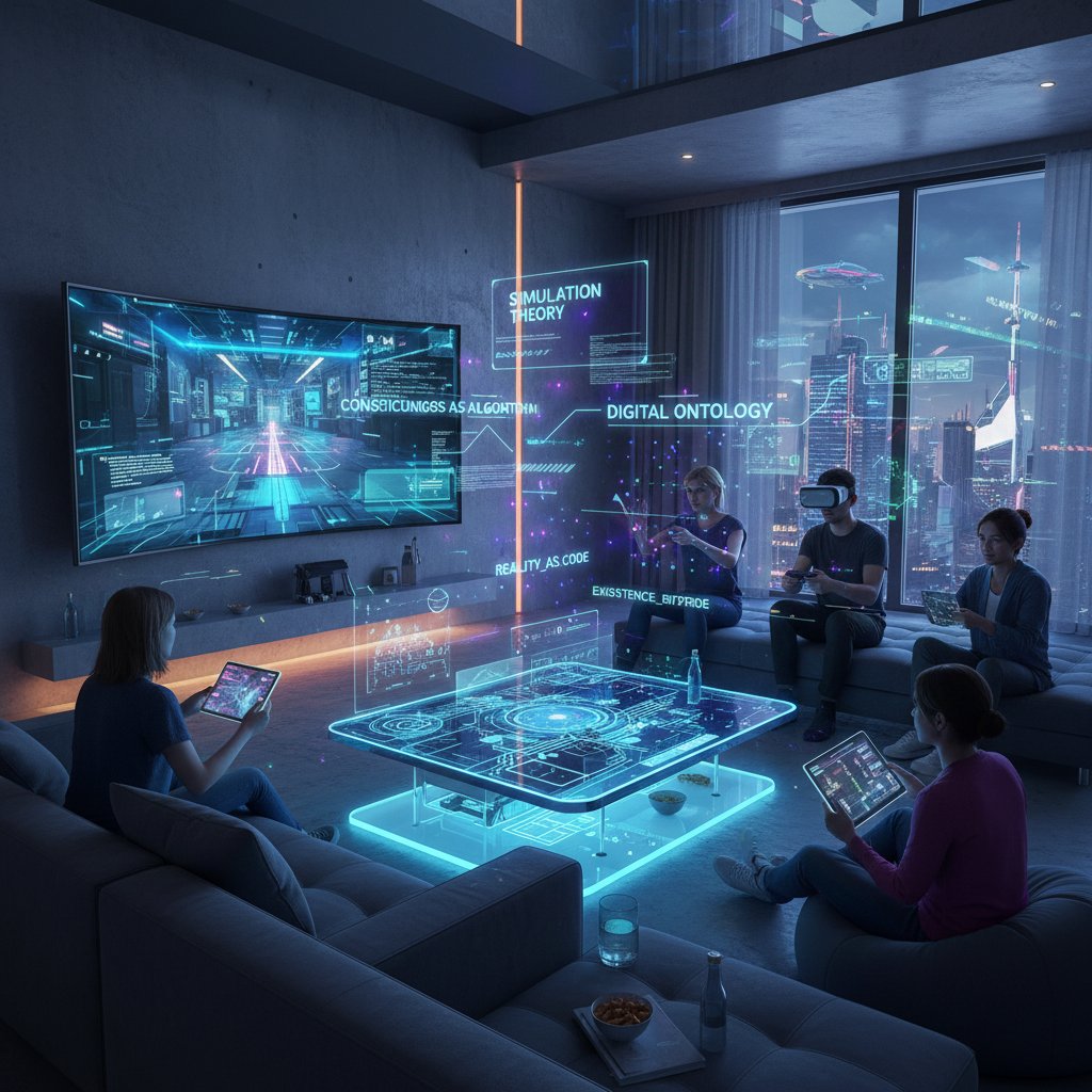 Zdjęcie grupy ludzi grających w gry wideo w nowoczesnym salonie, symbolizujące filozofowanie przez media cyfrowe