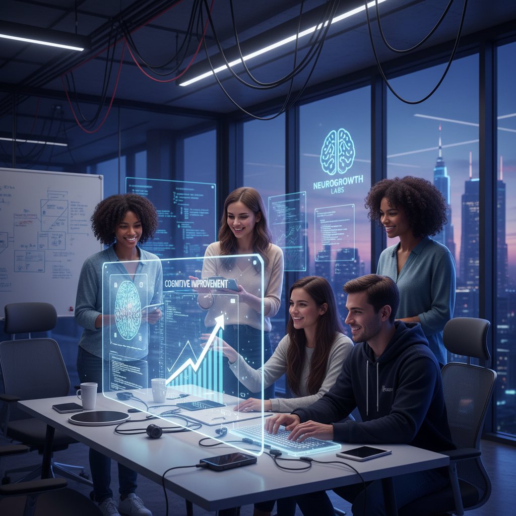 Grupa osób pracujących nad innowacyjną aplikacją do treningu mózgu, atmosfera startupowa, elementy technologii