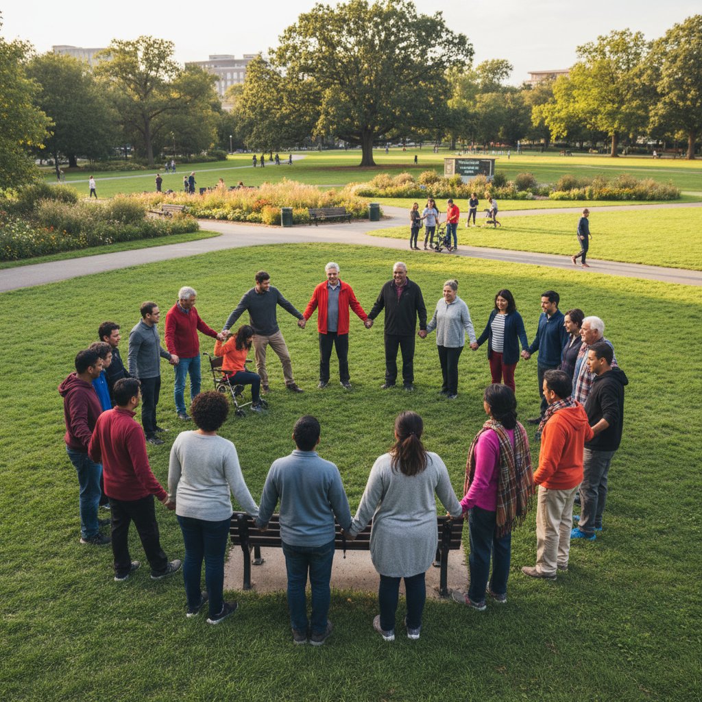 Grupa ludzi wspierających się nawzajem w parku, budowanie więzi