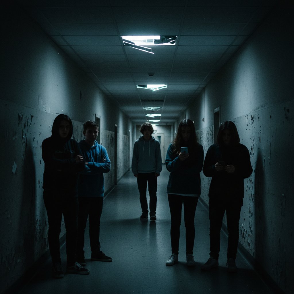 Grupa nastolatków w ciemnym korytarzu, jedna osoba wyraźnie wyizolowana, napięta atmosfera, dokumentalny styl