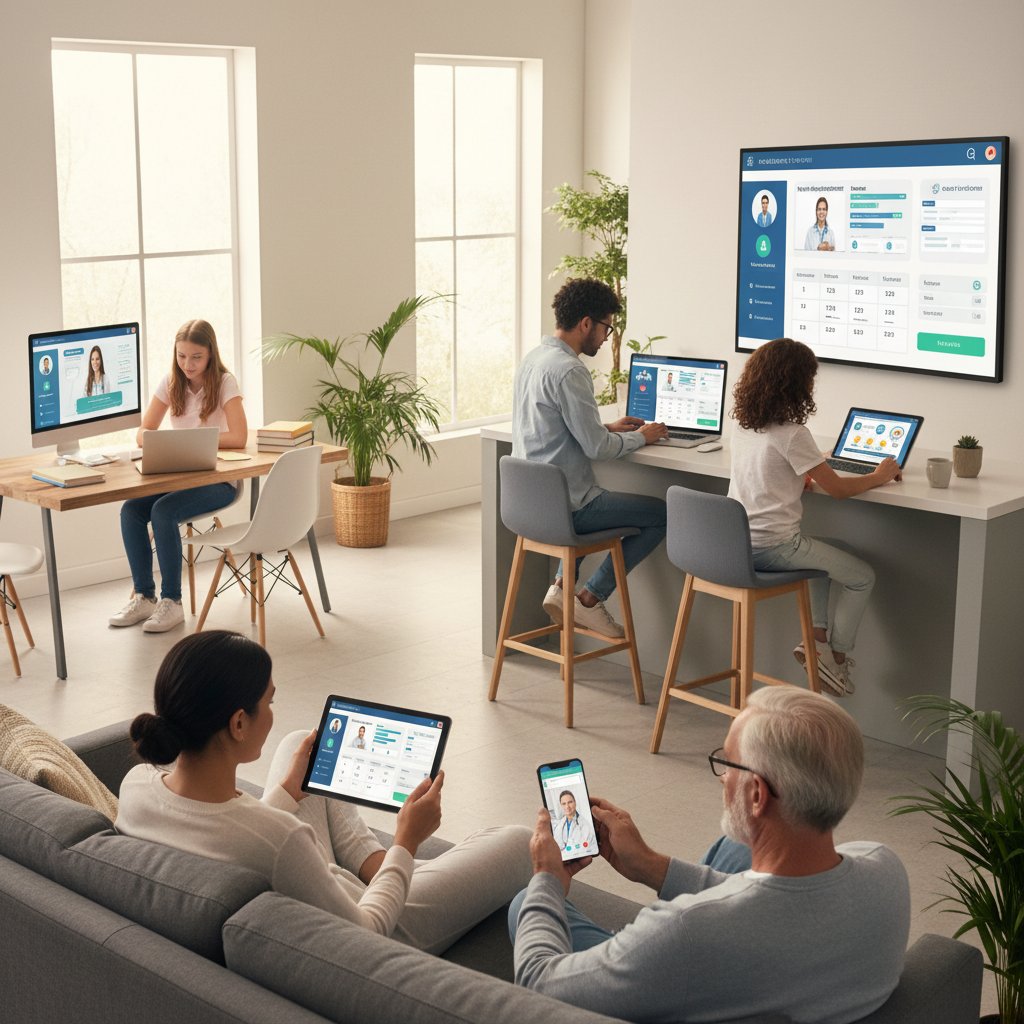 Grupa osób korzysta z portalu edukacji zdrowotnej na różnych urządzeniach w domowym otoczeniu