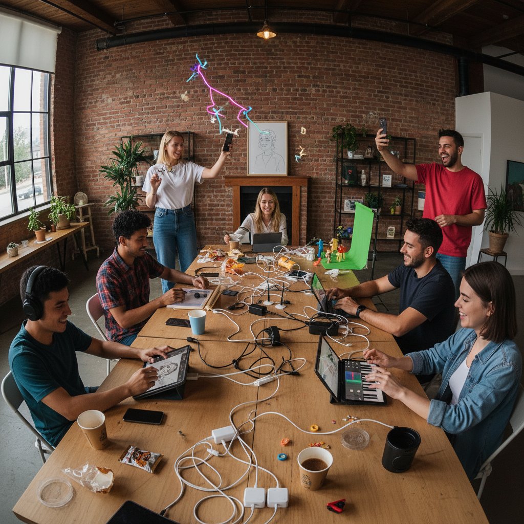 Grupa młodych dorosłych wspólnie testujących różne cyfrowe hobby na smartfonach i tabletach, kreatywny chaos, pozytywna energia