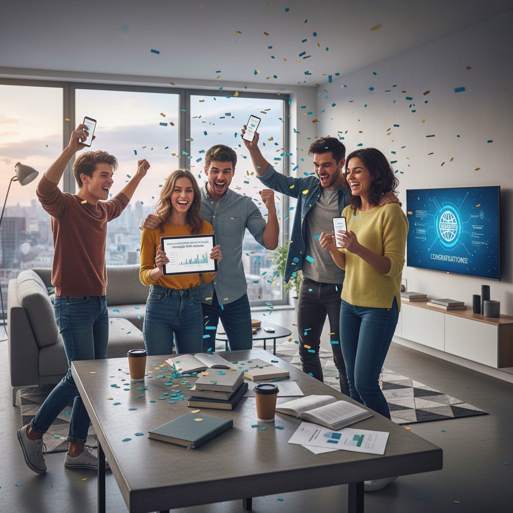 Grupa młodych ludzi cieszących się z wyników egzaminu językowego online, nowoczesne wnętrze