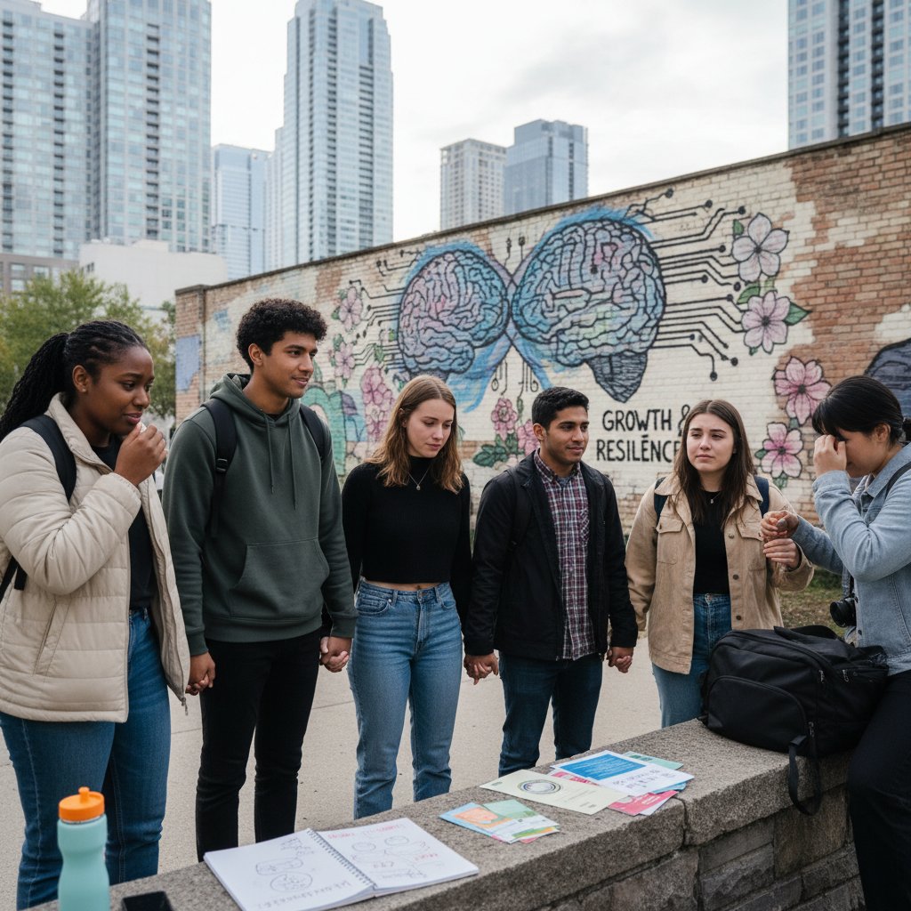 Grupa młodych ludzi w miejskiej przestrzeni, z widoczną różnorodnością emocji na twarzach – ilustracja stereotypów dotyczących zaburzeń psychotycznych