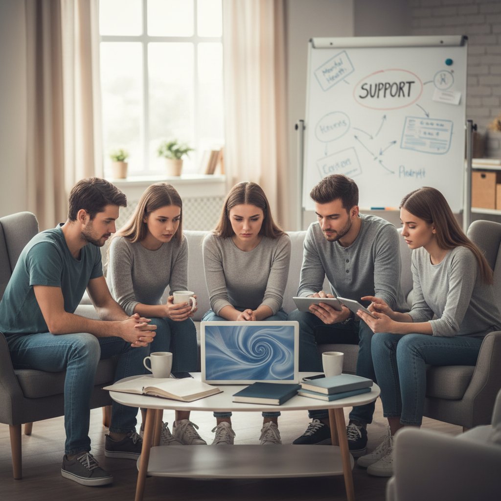 Gruppe junger Erwachsener sitzt gemeinsam mit Laptops und Smartphones in einer gemütlichen Wohnung, diskutiert offen und ehrlich über Depressionserfahrungen.