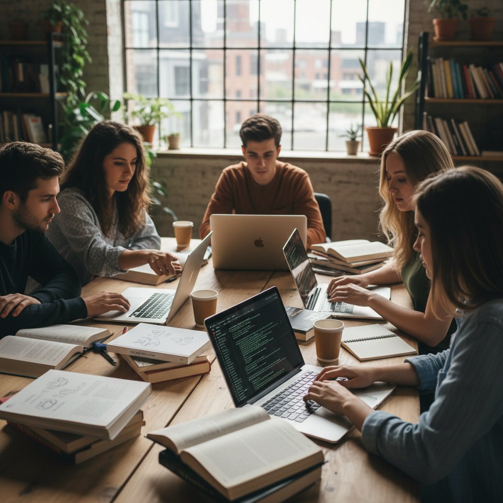 Grupa młodych ludzi uczących się razem, laptop, książki, ekran z kodem, wspólna nauka web development online