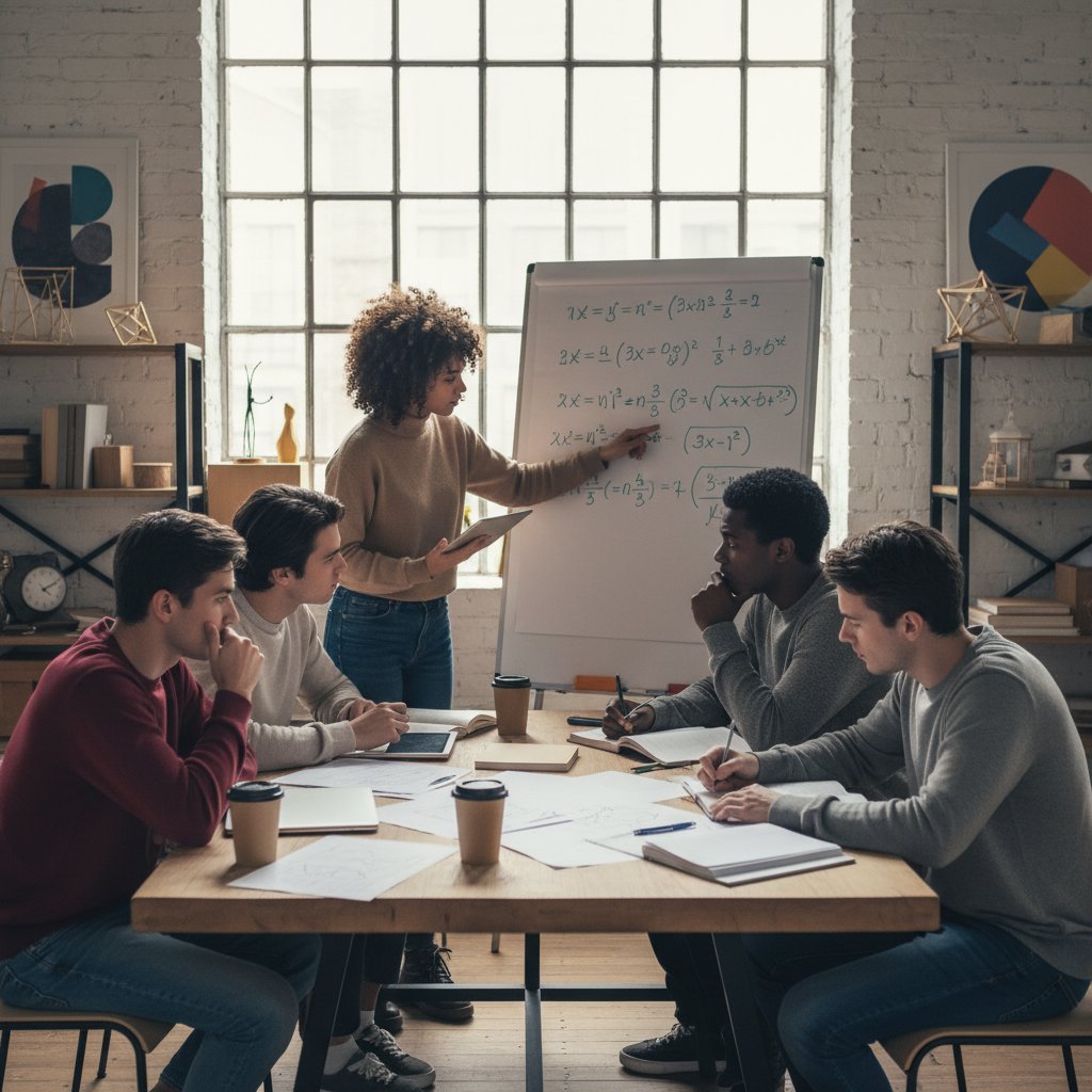 Grupa młodych ludzi uczących się matematyki razem, symbol nowej generacji samouków