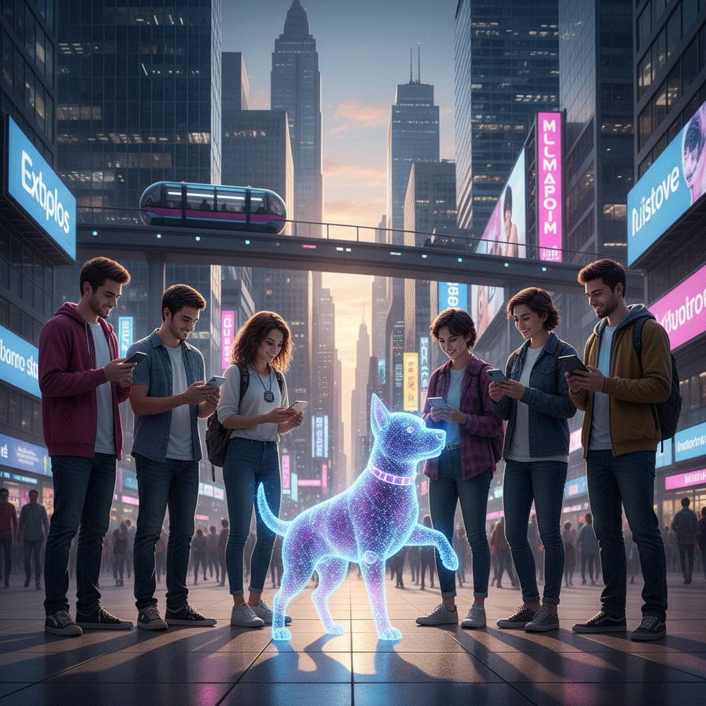 Grupa młodych ludzi z różnymi urządzeniami mobilnymi, ekran z wirtualnym psem, nowoczesne miasto