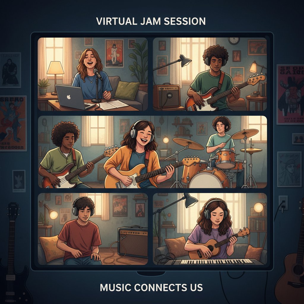Grupa młodych ludzi grających razem online, różne instrumenty, wspólna lekcja przez internet