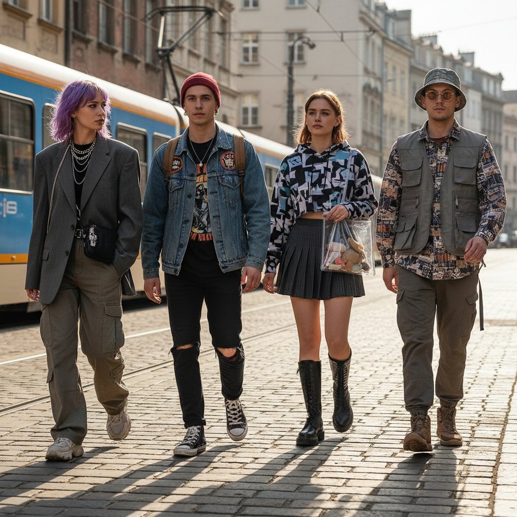 Grupa młodych ludzi w różnorodnych stylizacjach na ulicy Warszawy, łączący modę światową i lokalną