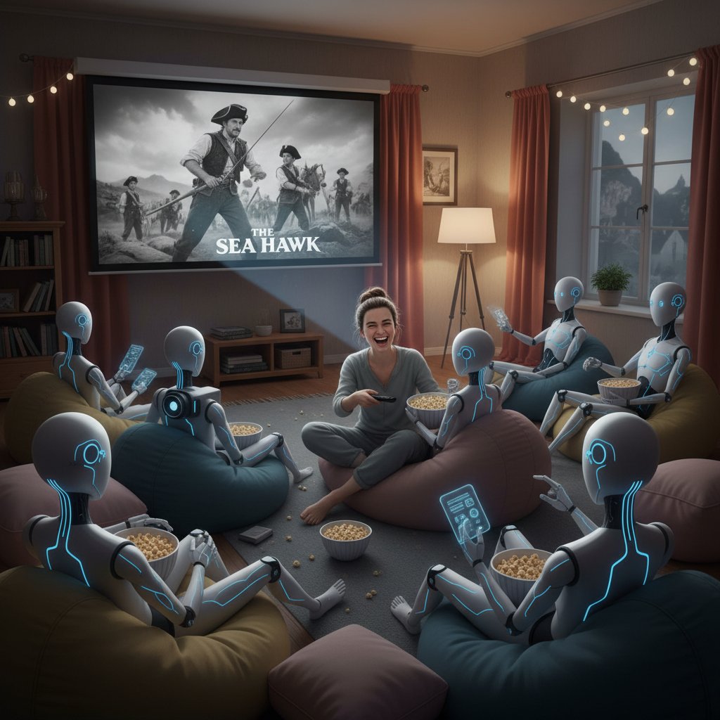 Group using AI-powered movie assistant on laptop, browsing Keira Knightley recommendations