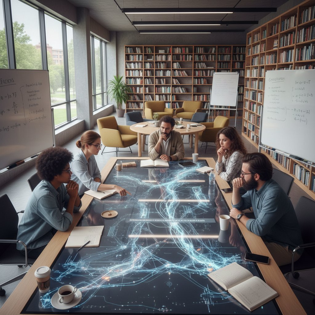 Zespół ludzi analizujący dane na temat AI podczas warsztatów filozoficznych
