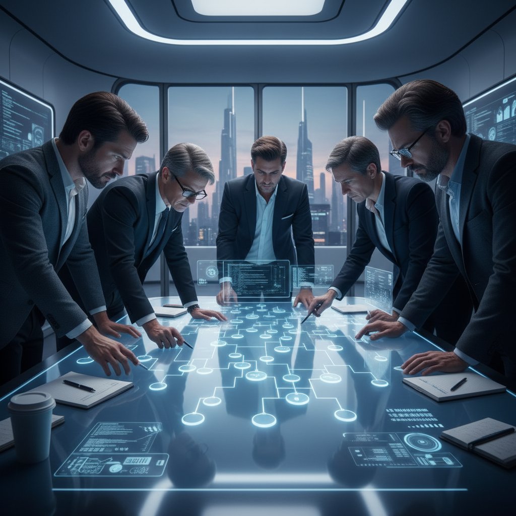 Grupa ludzi przy komputerach analizuje dylemat moralny AI, intensywne światło, nowoczesne biuro