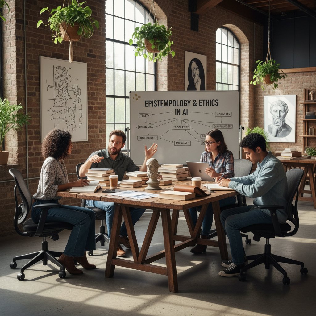 Grupa osób wspólnie analizująca artykuły, notatki i źródła w przestrzeni coworkingowej