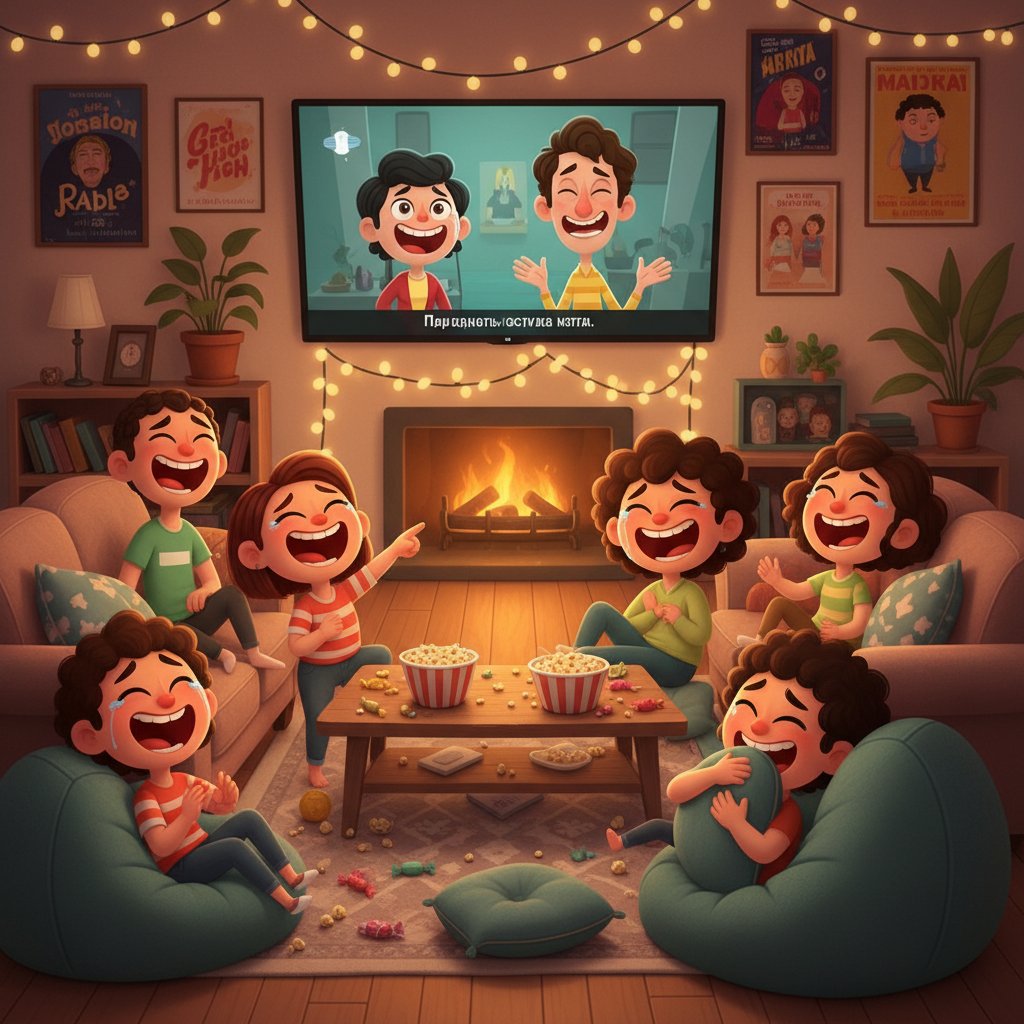 Candid group mid-laughter during a foreign comedy screening in a cozy apartment, animated reactions