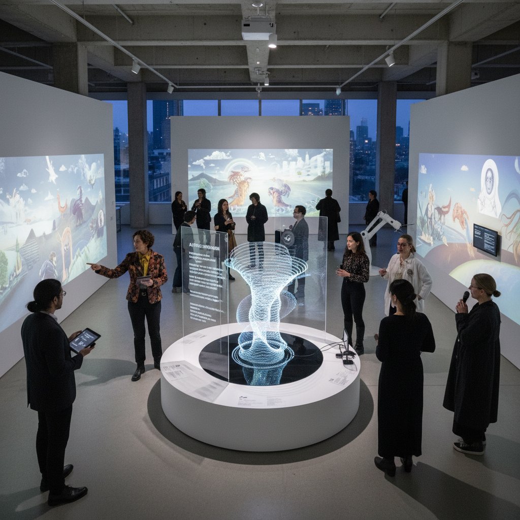 Grupa artystów instalujących interaktywną ekspozycję AI w galerii