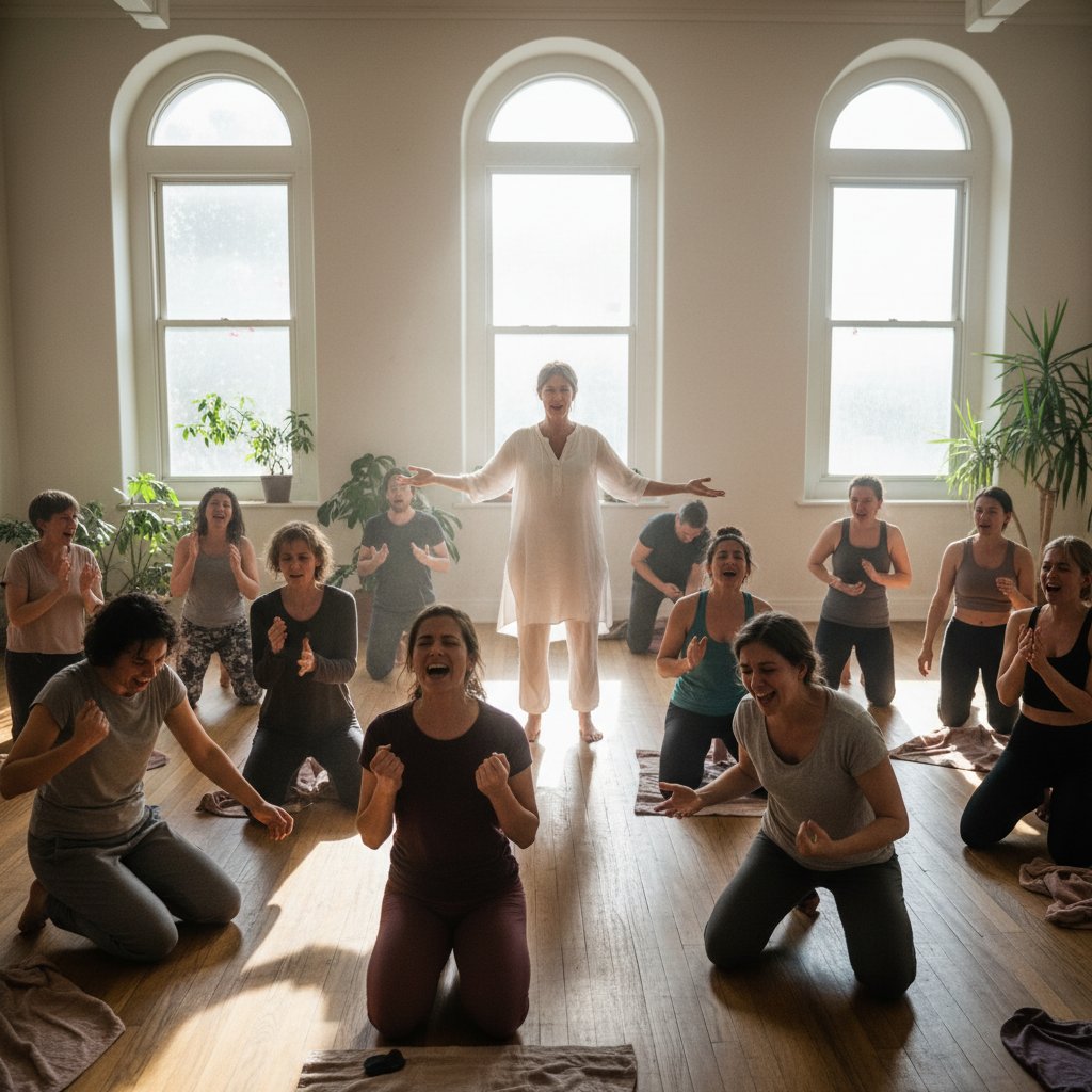 Grupowa sesja bioenergetyki w nowoczesnym lofcie, widoczne napięcie na twarzach uczestników, surowe światło, symboliczne rekwizyty
