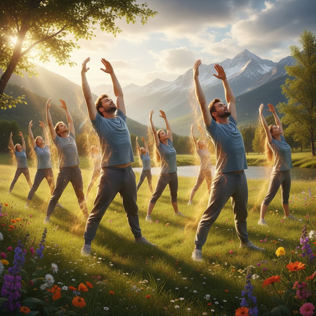 Grupa osób ćwiczących oddech i ruch na świeżym powietrzu, pozytywna energia