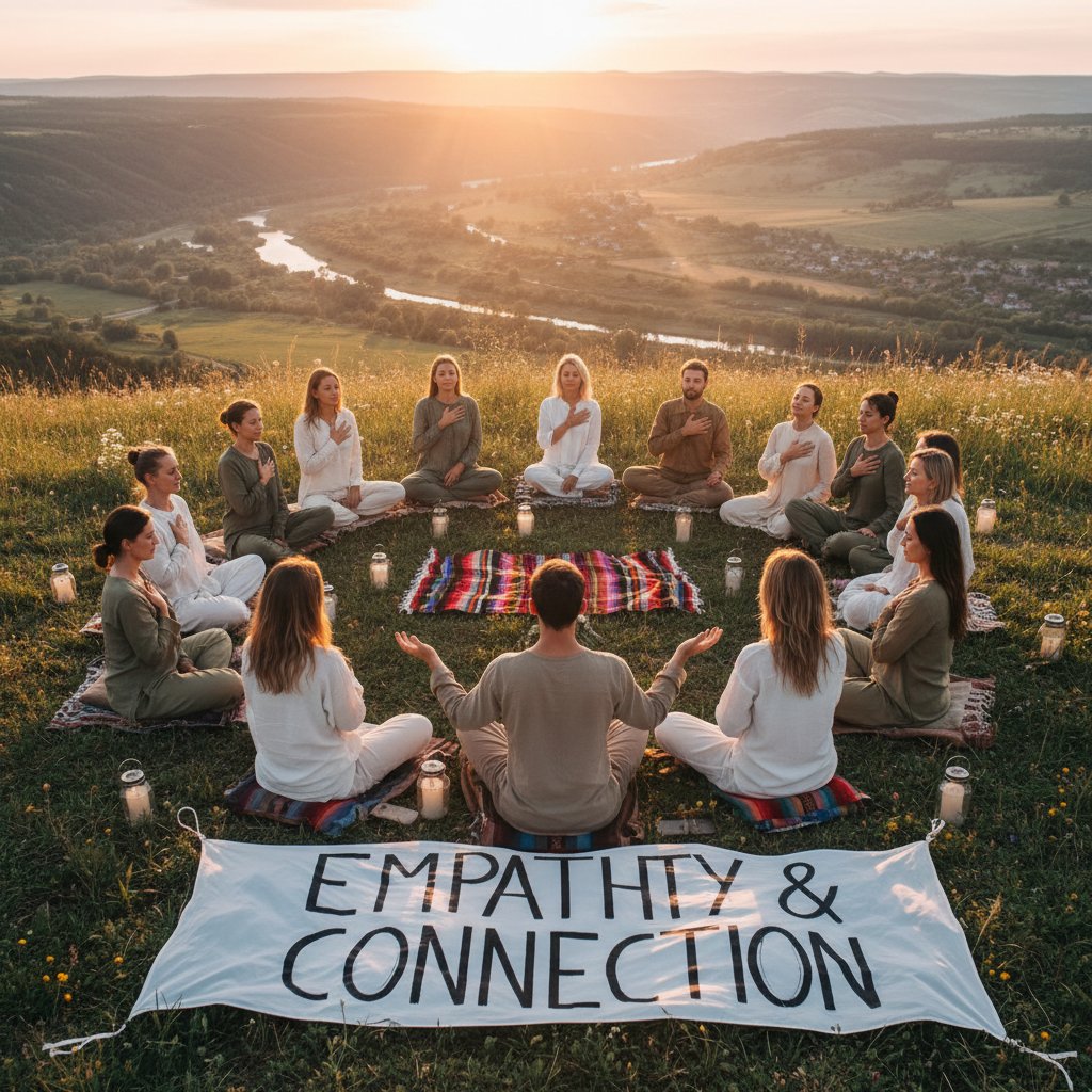 Grupa ludzi siedzących w kręgu podczas wspólnej praktyki oddechu, atmosfera otwartości