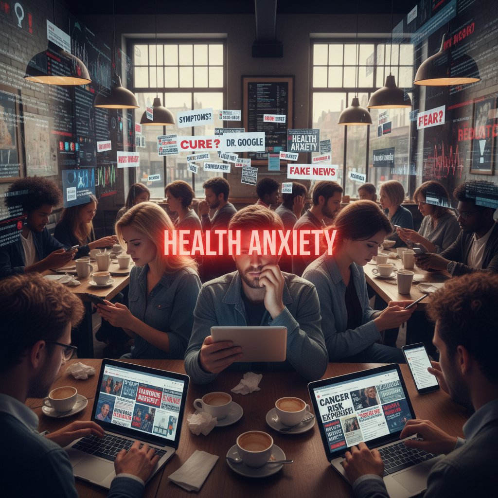 Grupa ludzi z telefonami w kawiarni, każdy analizuje newsy zdrowotne, chaos informacji