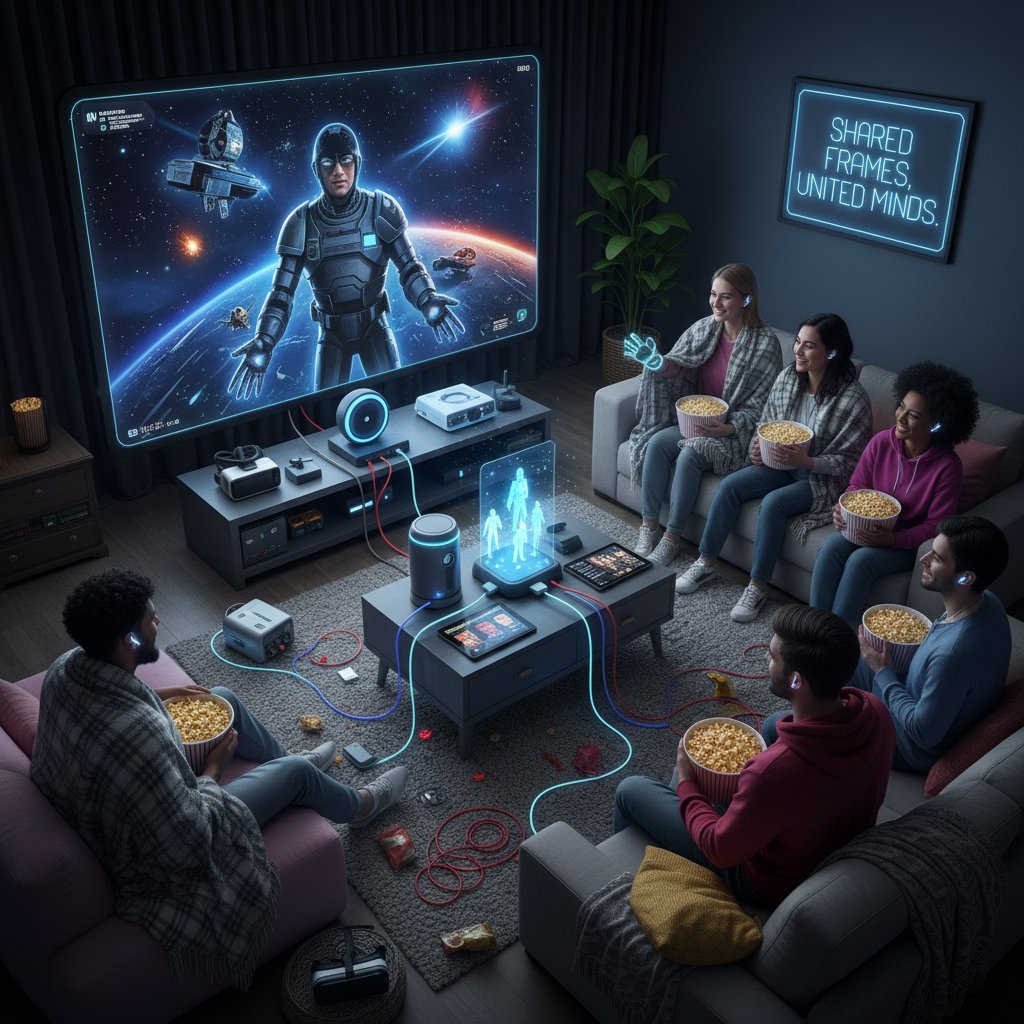 Group celebrating shared movie night, blending tech and tradition