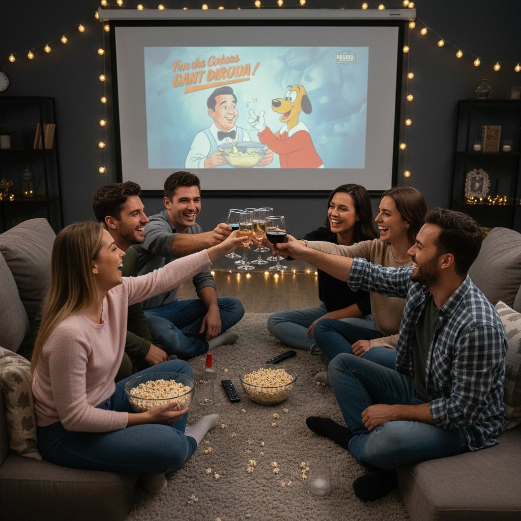 Triumphant group raising glasses, bold lighting, cinematic energy