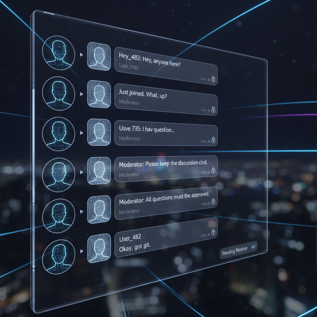 Ludzie rozmawiający na czacie w przyciemnionym pokoju, podział na moderowane i anonimowe rozmowy