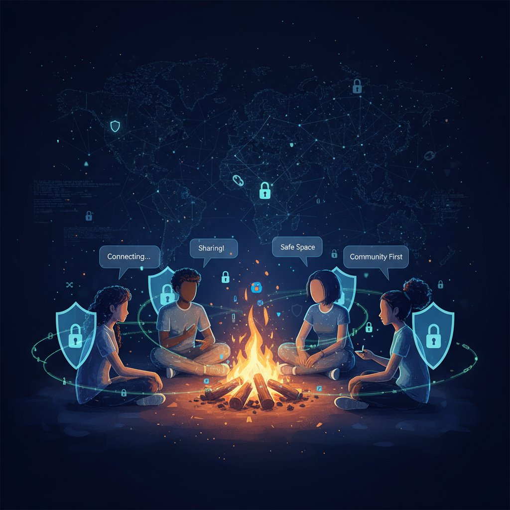 Grupa ludzi rozmawiająca anonimowo przy ognisku – symbol cyfrowej prywatności i wspólnoty