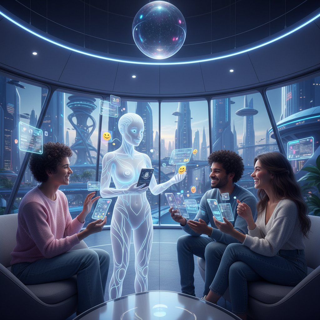 Gruppe von Menschen, jeder chattet gleichzeitig mit einer KI-Freundin auf dem Smartphone, futuristische Atmosphäre