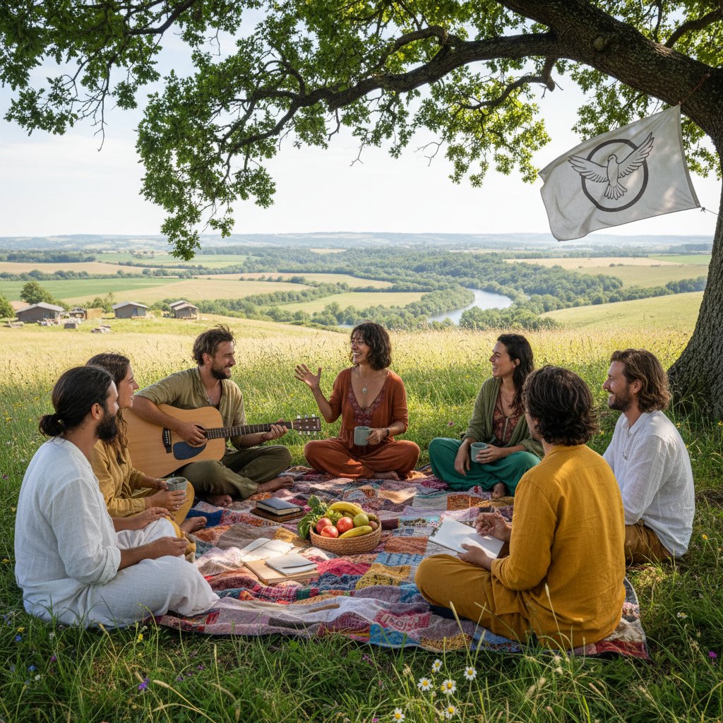 Grupa różnych osób rozmawiająca swobodnie w plenerze, symbolizująca mikrospołeczność i wolność