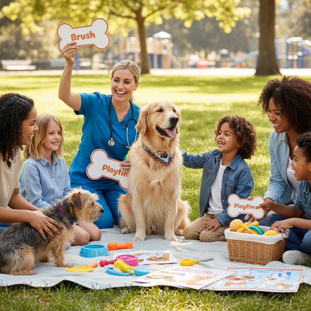 Grupa dzieci i dorosłych grających razem w grę o opiece nad psem, radość i edukacja