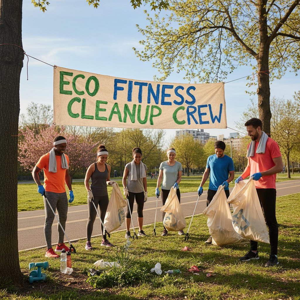 Sprzątanie parku po treningu przez grupę sportową, trening personalny outdoor, ekologia