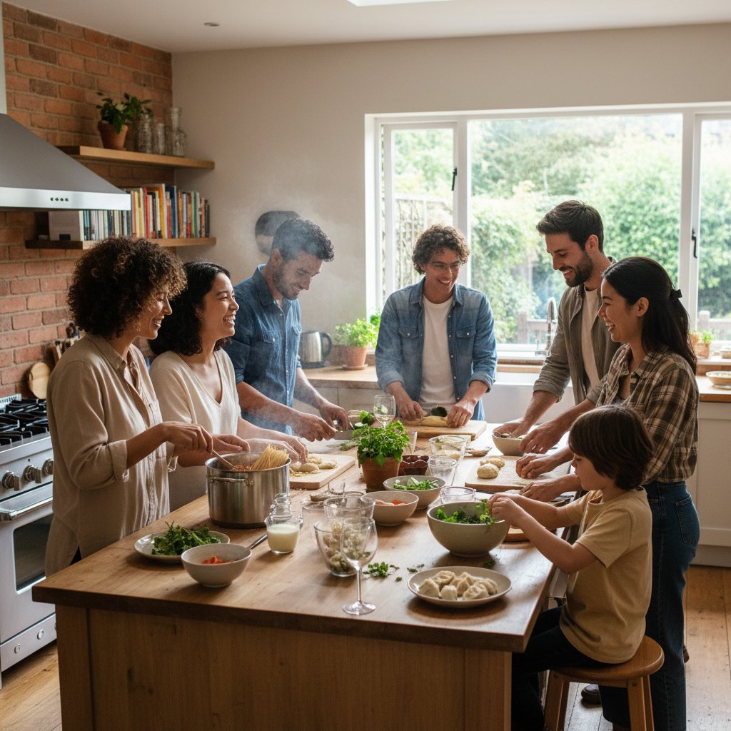 Grupa osób gotujących wspólnie w domowej kuchni, wymieniających się doświadczeniami