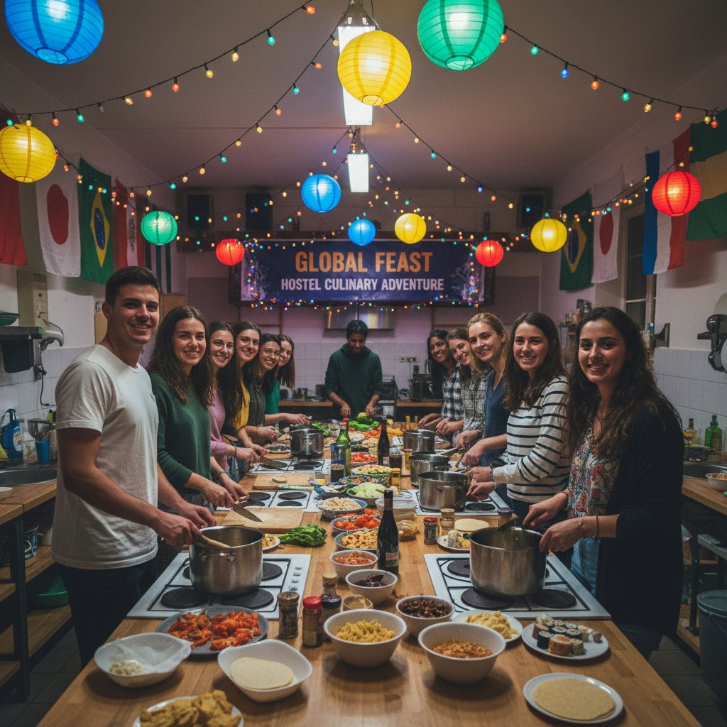 Grupa gości gotuje razem podczas wieczoru tematycznego w hostelu, kolorowe światła, międzynarodowa atmosfera