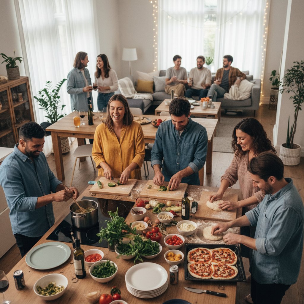Ludzie wspólnie gotujący podczas domowego spotkania bez użycia internetu, radosna atmosfera