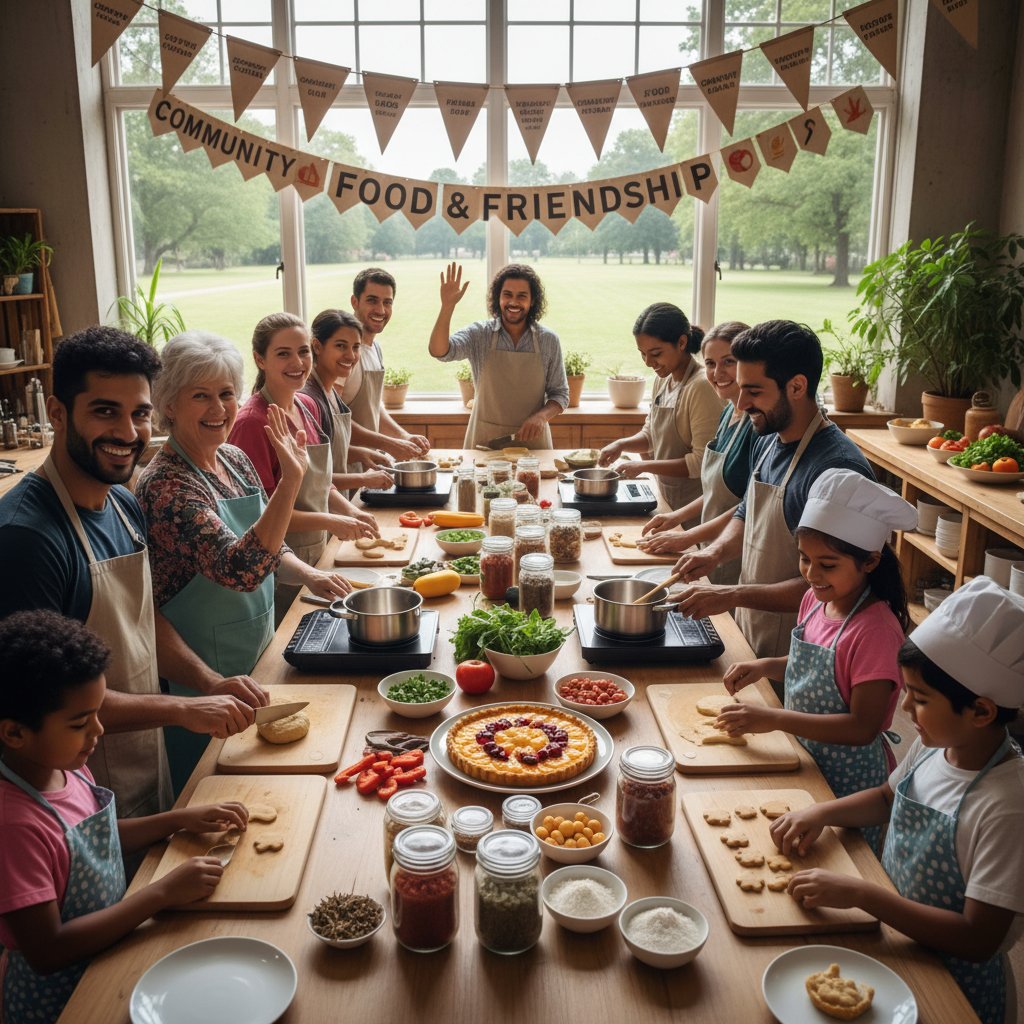 Grupa osób na warsztatach kulinarnych, śmiejąca się wokół stołu – przykład wspólnoty i integracji