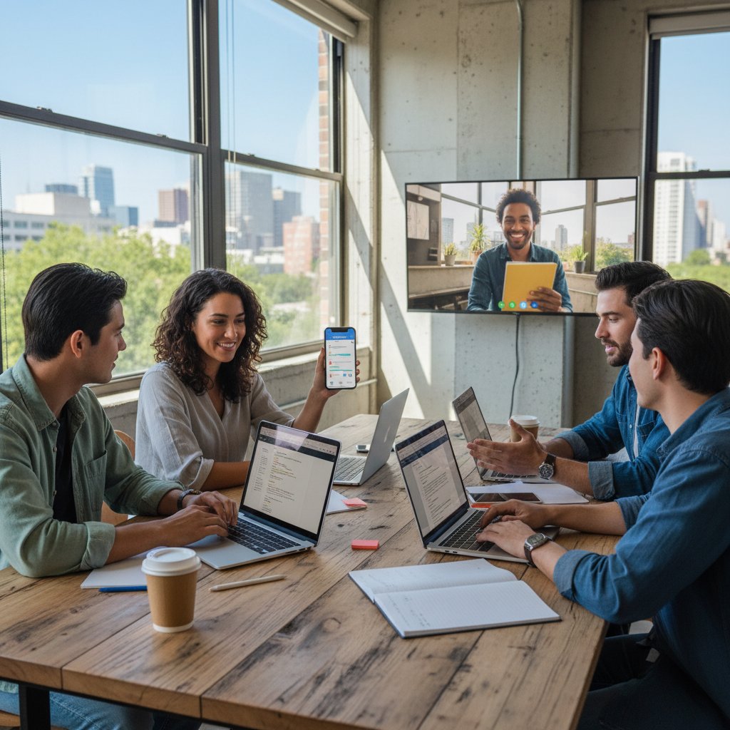 Grupa ludzi w coworkingu, laptopy i smartfony, na ekranach widoczne aplikacje edukacyjne i wideorozmowy